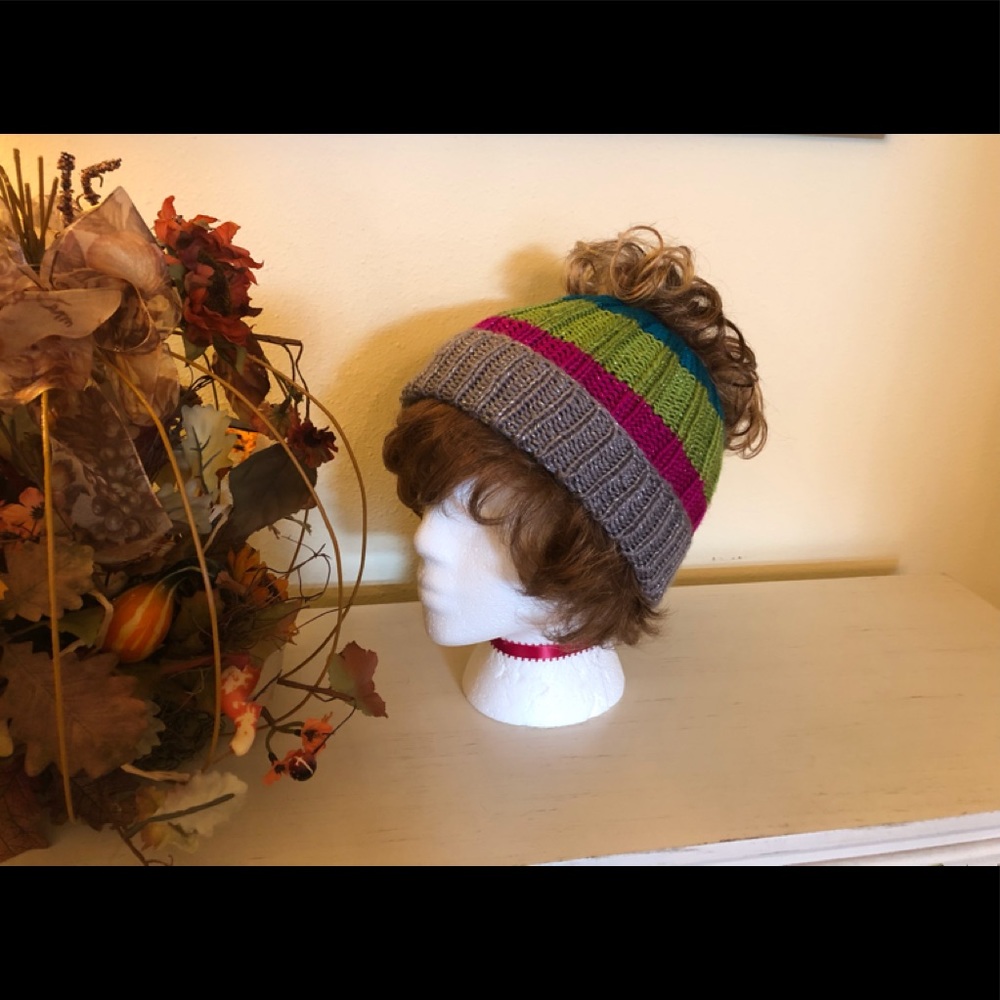 HAND MADE Knitted Messy Bun Ponytail Beanie hat
